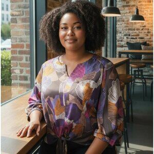 Chicos Tie Front Blouse Midnight Breeze Top Size L 14 2.5 Florentina Plum New